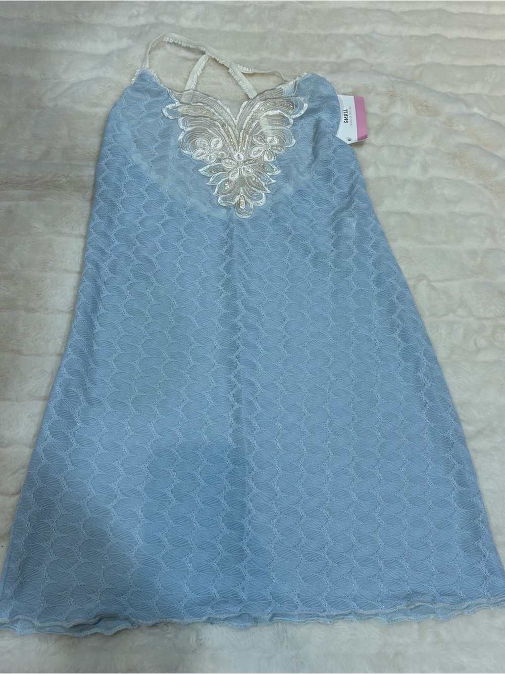 Light Blue Lace Chemise with Ivory Embroidered Neckline handmade
